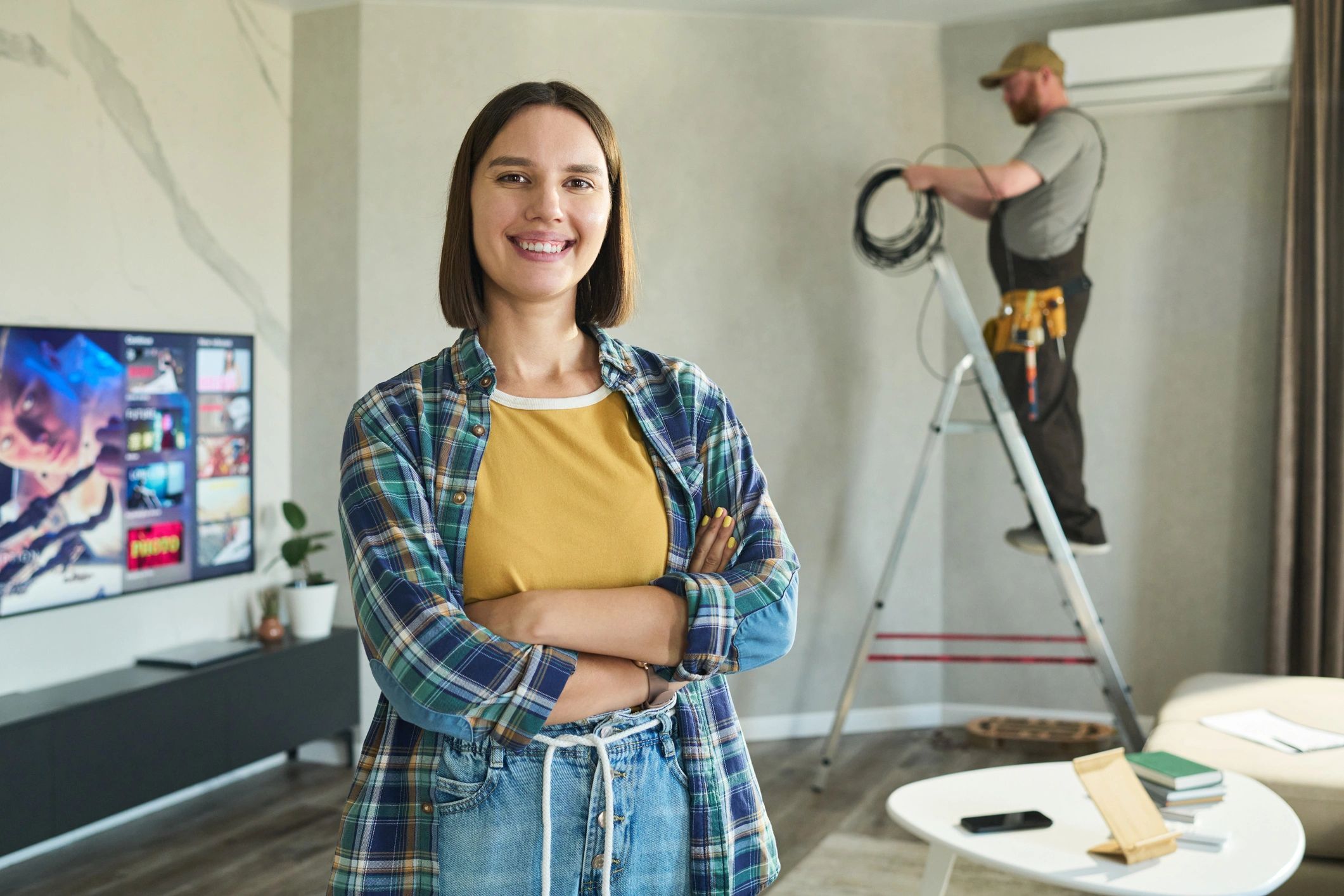 happy IT technician helping client
